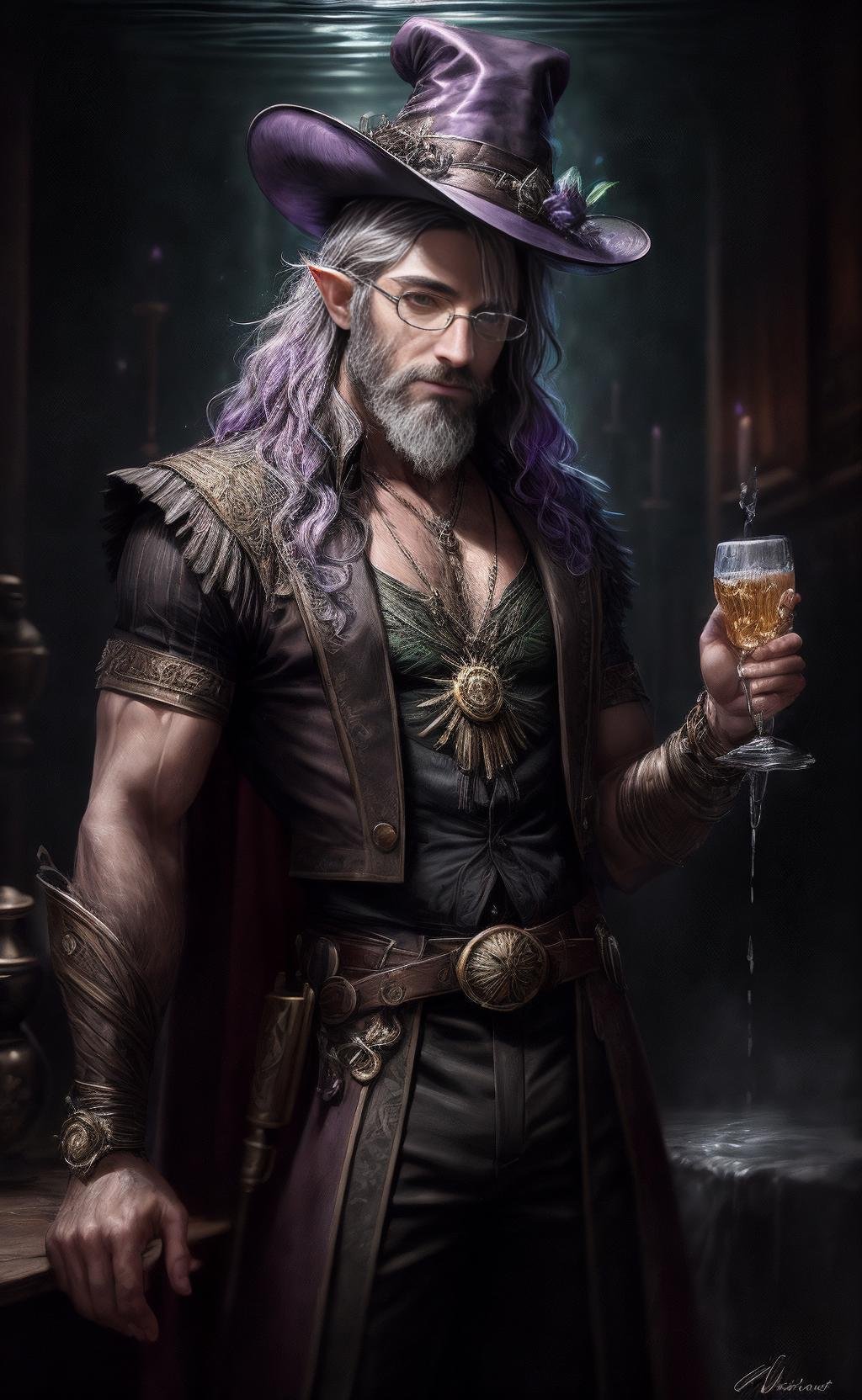 ((best quality)), ((masterpiece)), ((realistic)), (detailed), male Young adult Sinewy European Goblin (Evolve Convection Whipping water decay Wavy lines Solid magic:1.3) wearing Enigma Drape and Enigma Trousers and Magician's Hat and Enchanter's Loafers and Mystic Runes Bracelet and Alchemist's Potion-Enhanced Goggles with Bandholz Beard and Violet eyes and Nasal septum and Angular fringe hairstyle, Arcane Balance, Balanced posture, drawing from inner magic., Love, ((masterpiece)), absurdres, HDR, <lora:add_detail:1>, <lora:LowRA:0.5>