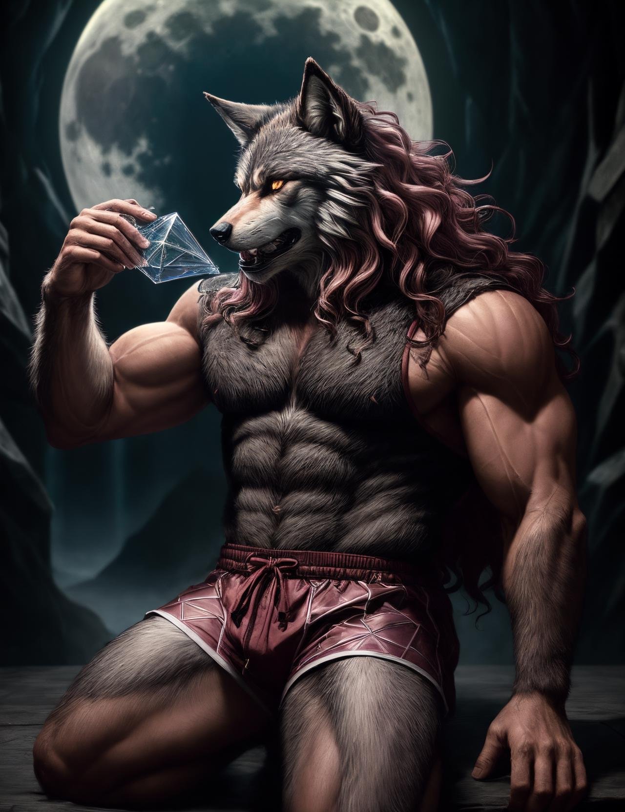 ((best quality)), ((masterpiece)), ((realistic)), (detailed), male Werewolf, lycanthropes,  mythical creature, humanoid wolf-like form, full moon, hairy furry skin, fangs, wolf ears, wolf-like face, Senior Plump, Maori, Steel gray eyes, , Caesar cut hair, Amusement,, Chanting ancient incantations, giving voice to powerful spells,  wearing  Quilted shorts,  Sports jersey, Monk strap boots, ,  Infuse (Wavy lines,Blush ,water,Circulation,void,Amorphous,Pentagonal Prism magic:1.3), ((masterpiece)), absurdres, HDR, <lora:add_detail:1>, <lora:LowRA:0.5>