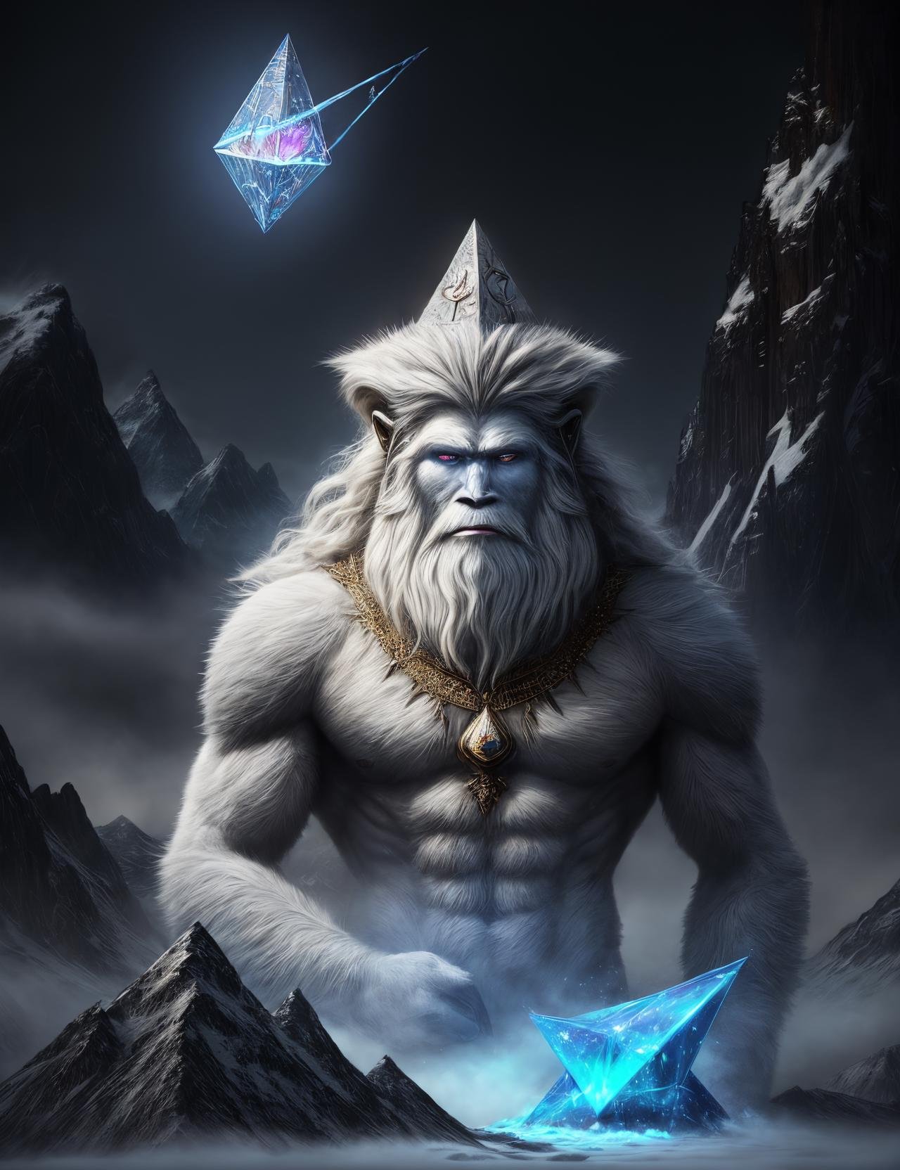 ((best quality)), ((masterpiece)), ((realistic)), (detailed), male Yeti, large, 10 to 15 feet tall, ape-like being, white fur skin, snow, mountains, plains,, Ageless Agile, Latin American, Honey eyes,  , Spiky textured hair hair, Frown,, Astral Transcendence, Floating posture, ascending to a higher plane,  Wizard, (Elysian,Otherworldly,Astral,Time paradoxes,Plasma,Circulation,Electric current,Diffusion,Tetrahedron magic:1.3) Enchanting Objects , ((masterpiece)), absurdres, HDR, <lora:add_detail:1>, <lora:LowRA:0.5>