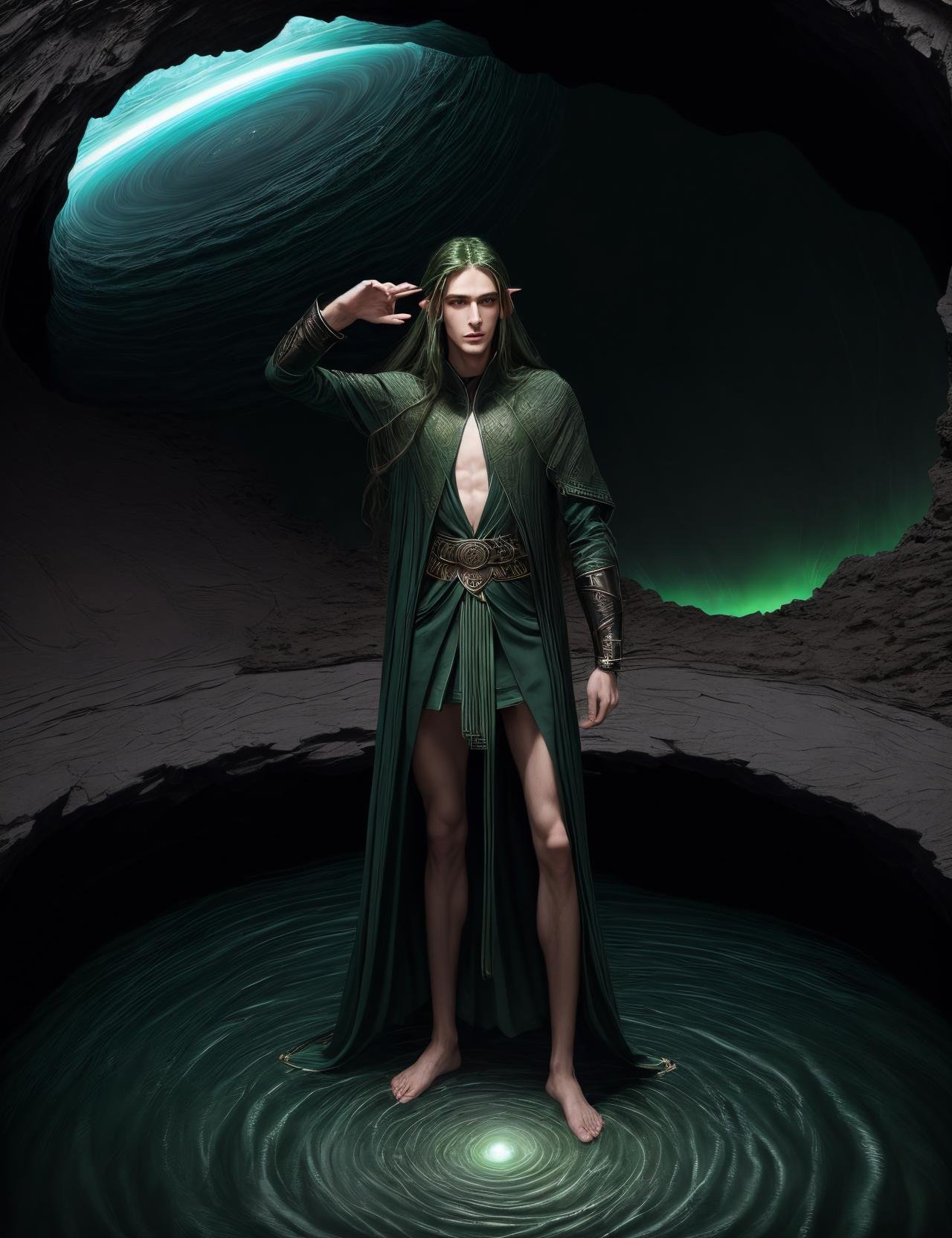 ((best quality)), ((masterpiece)), ((realistic)), (detailed), male Elf, graceful and long-lived beings, 6 to 7 feet tall, beautiful,elegant,youthful appearance, graceful, ethereal, magical, fantasy, Twenty-something Sturdy, Berber, Dark green eyes,  , Long and straight hair, Disapproval,, Communicating with spirits through subtle gestures and movements,  wearing Lurex  Tribal  EmeraldGreen Boardshorts,  Half-zip sweater, , ,  and and and Manifest (Space-time continuum,Pentagon ,Wave propagation,Translation,Whipping,sinkhole,Unearthly,Illustrious,OliveGreen  magic:1.3), ((masterpiece)), absurdres, HDR, <lora:add_detail:1>, <lora:LowRA:0.5>