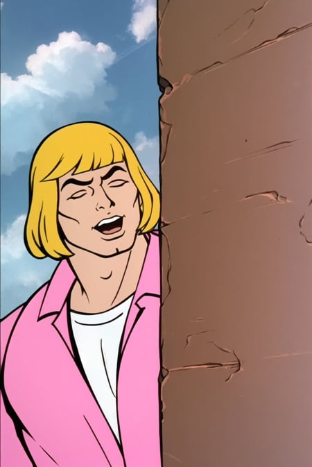 he-man <lora:he-man_offset:1>, masterpiece, best quality, blonde hair, solo, shirt, ((((meme)))), parody, closed eyes, white shirt, 1girl, 1boy, pink jacket, bangs, male focus, short hair, open mouth, upper body, jacket