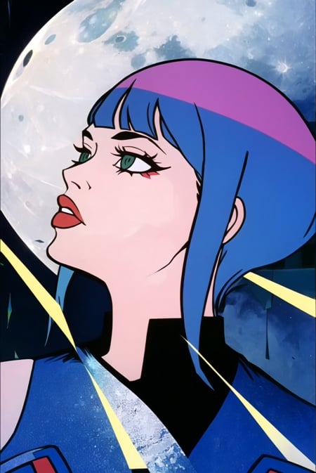 he-man <lora:he-man_offset:1>, meme, parody, lucy \(cyberpunk\) <lora:lucy_offset:1>, 1girl, blue hair, bodysuit, cyberpunk, cyborg, expressionless, green eyes, head rest, looking to the side, moon, multicolored hair, off-shoulder jacket, off shoulder, parted bangs, purple hair, red eyeliner, red lips, reflection, short hair, solo, cyberpunk edgerunners , (masterpiece)