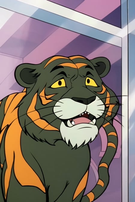 he-man <lora:he-man_offset:1>, no humans, teeth, solo, whiskers, open mouth, animal focus, animal, colored sclera, against glass, fangs, looking at viewer, tiger, lion