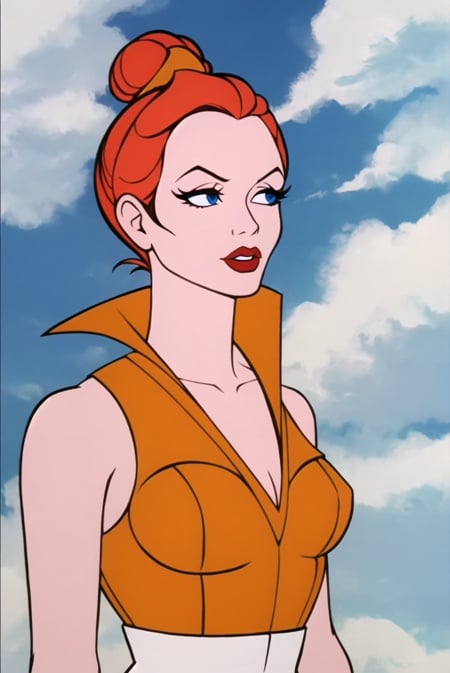 he-man <lora:he-man_offset:1>, masterpiece, best quality, 1girl, solo, blue eyes, lipstick, red hair, makeup, upper body, parody, short hair, cloud, red lips, bare shoulders, cleavage, sky, orange hair, single hair bun, breasts