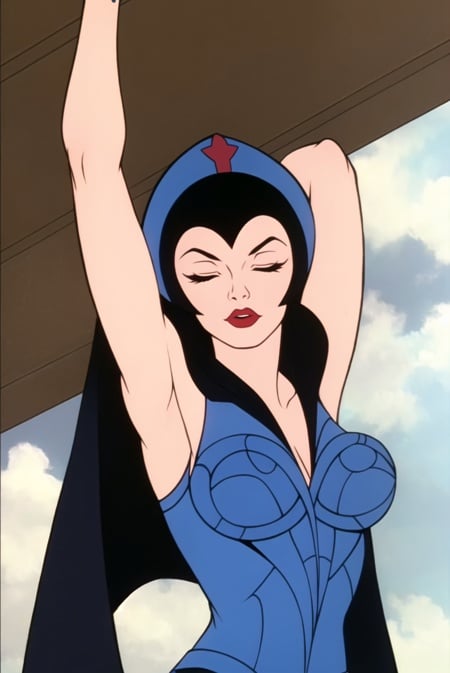 he-man <lora:he-man_offset:1>, masterpiece, best quality, 1girl, solo, closed eyes, cape, breasts, parody, armpits, lipstick, makeup, cleavage, upper body, black hair, arms up