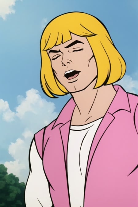 he-man <lora:he-man_offset:1>, masterpiece, best quality, blonde hair, solo, shirt, (((meme))), parody, closed eyes, white shirt, 1girl, 1boy, pink jacket, bangs, male focus, short hair, open mouth, upper body, jacket