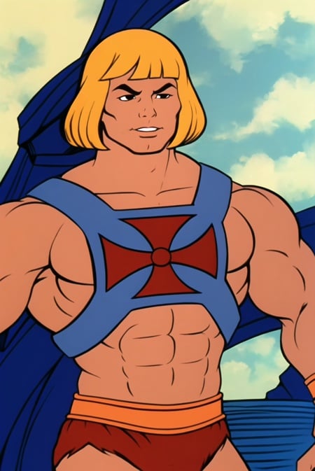 he-man <lora:he-man_offset:1>, masterpiece, best quality, male focus, 1boy, solo, muscular, parody, style parody, abs, blonde hair, blunt bangs, wristband, retro artstyle, manly, upper body, orange hair, bangs
