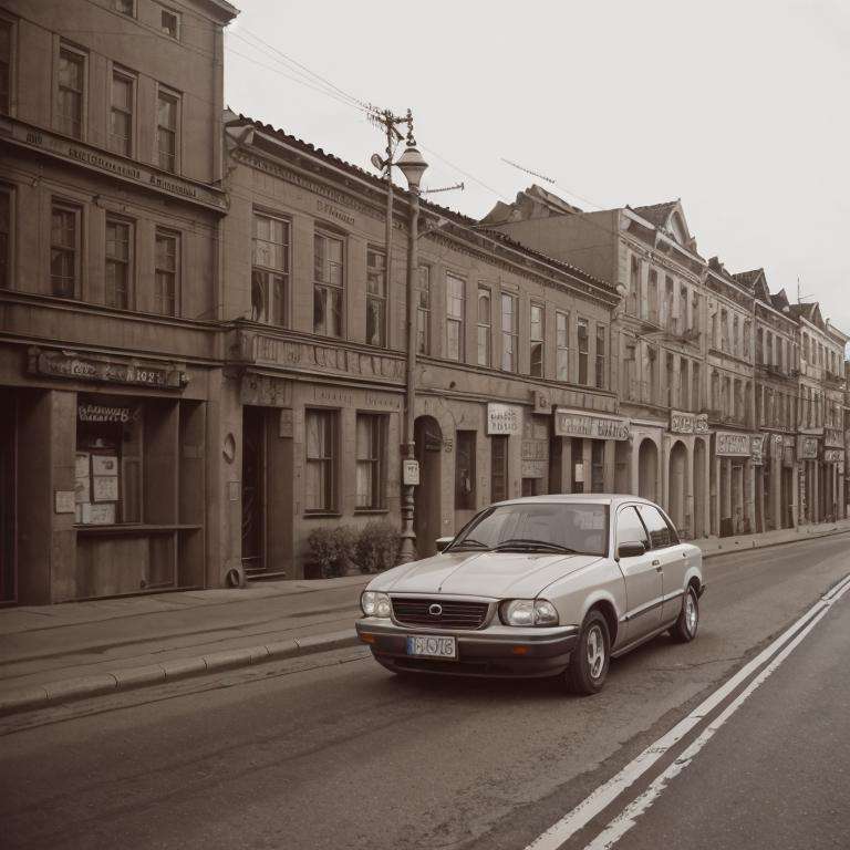 car on a street, buildings  <lora:DonM4lbum1nV2:1.0>