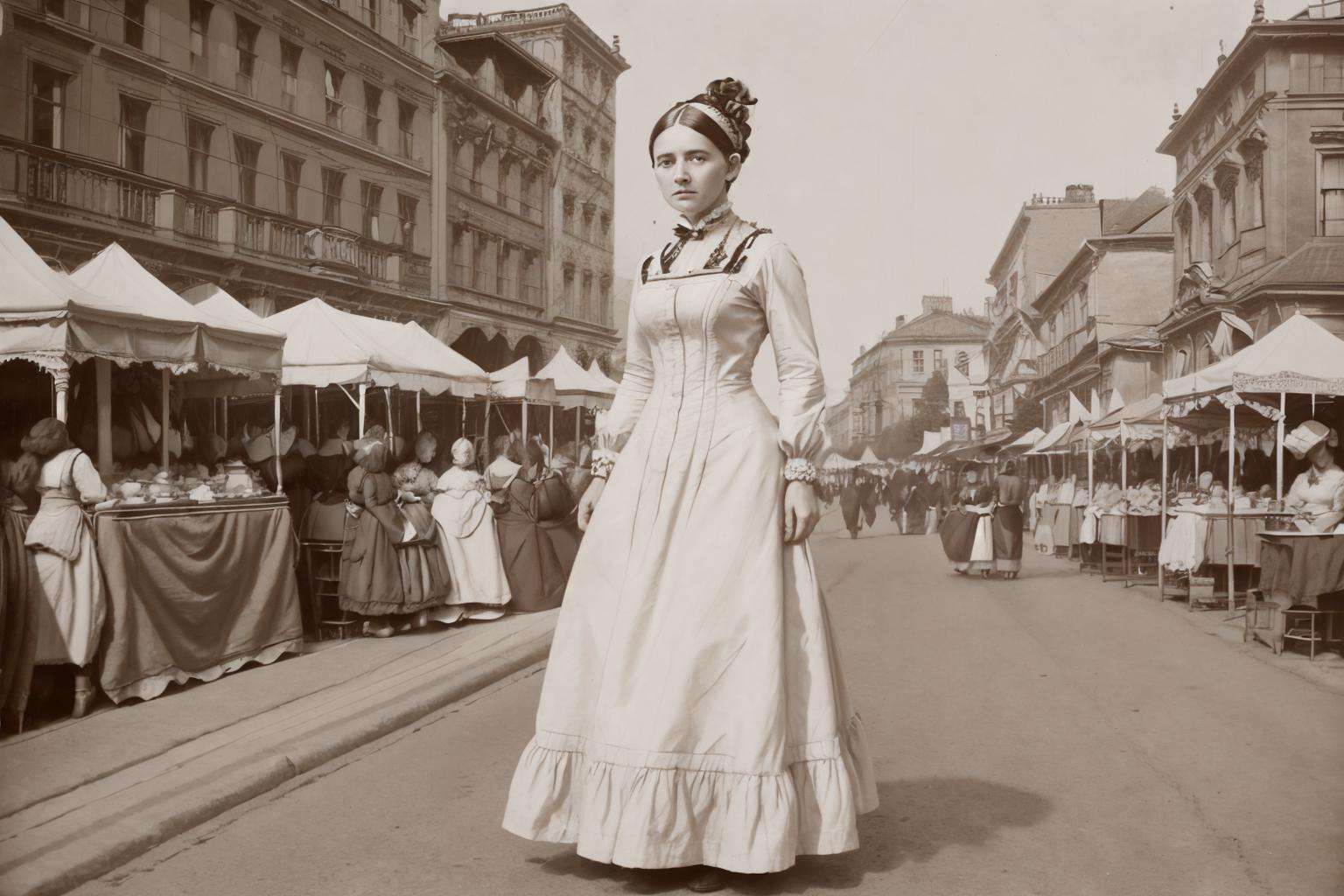 a woman in a victorian dress on a street market, <lora:DonM4lbum1nV2:1>