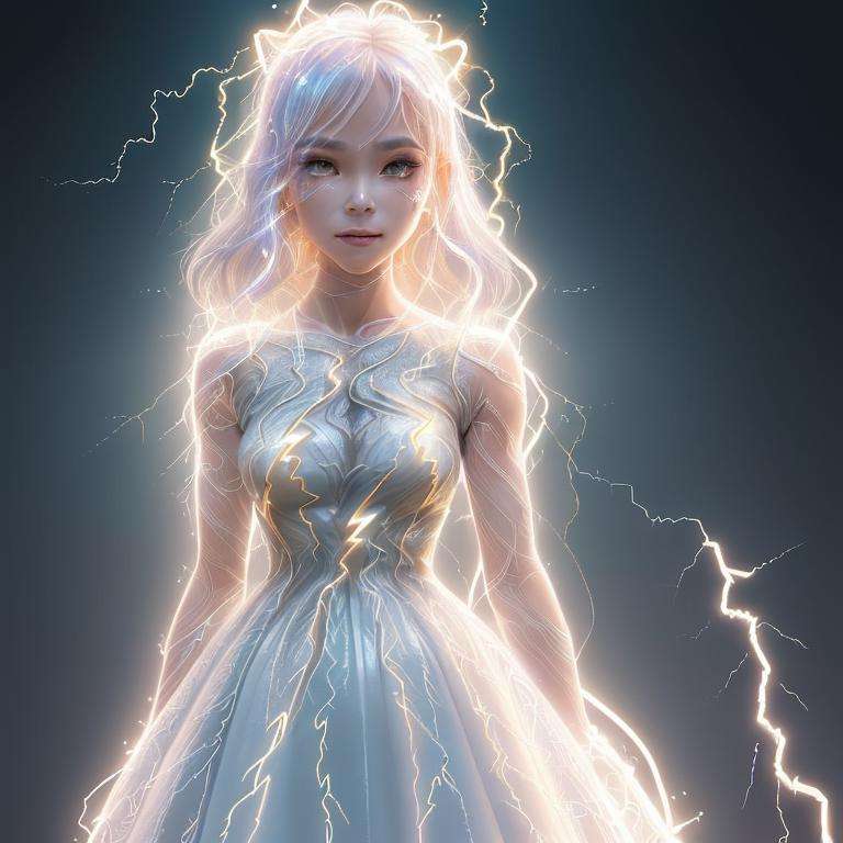 a girl, (wearing a dress, trace the contour with detailed intricate white thin lined crackling shimmering vibrant lightning:1.3), (glowing:1.1), (shimmer and twinkl:1.2), luminism, breathtaking fusion of light, indelible impression, magnificence <lyco:DonMl1ghtning:0.4>