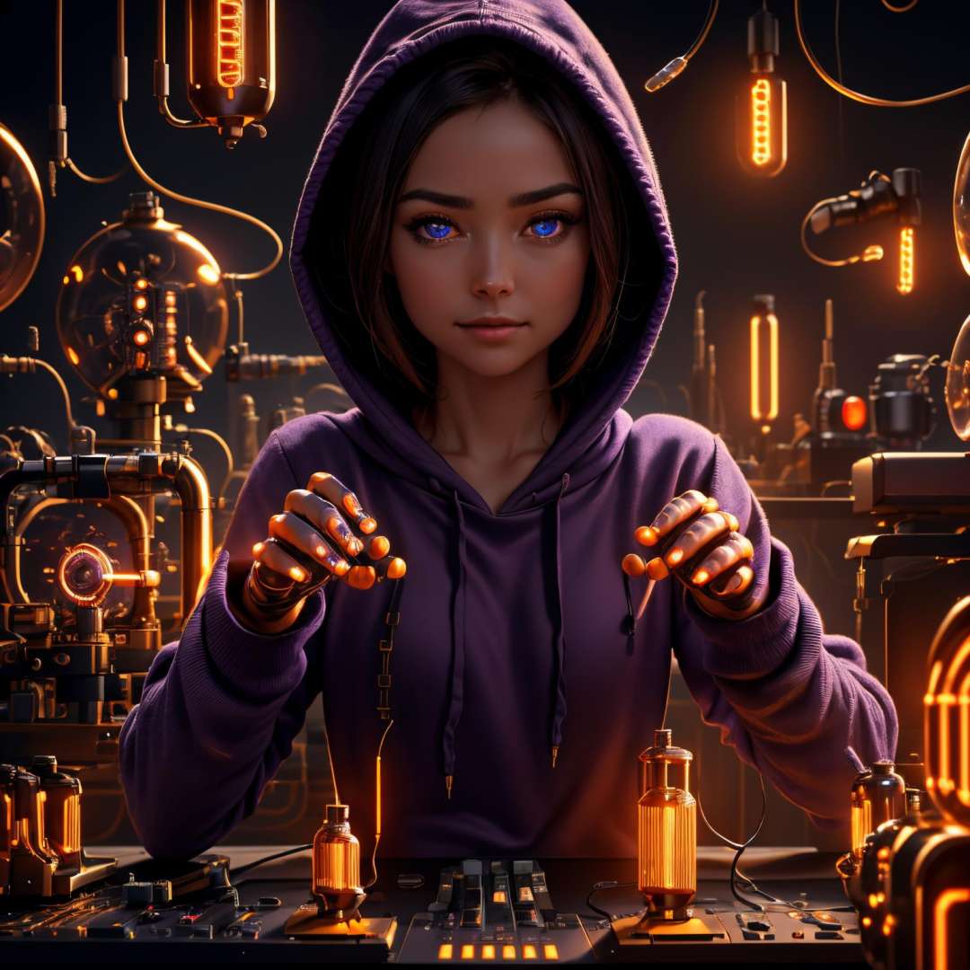 closeup biomechanic M1y4 girl sitting at a desk doing maintenance, (masterpiece), realistic, cinematic light, (remarkable detailed purple pupils:1.3), perfect anatomy,(torn hoody and pants:1.3),BREAK , [  in a DonMN1x13 server roome:6], loose cables, sparks, messy, coffee mug, lamp, flickering screen, microphone, glowing keyboard,(nixie clock:1.2), (nice hands, detailed hands:1.3),concept art, luminism, 4k resolution,Soft Lighting, Photographic Realism,3d rendering, octane rendering,  <lora:M1y4-000015:1.0> <lora:DonMN1x13:0.8>