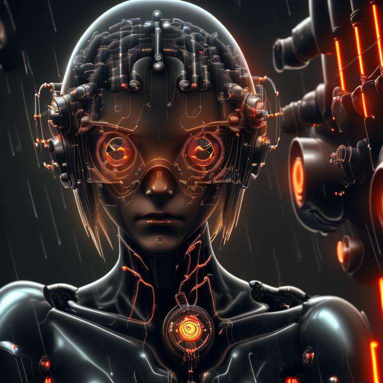 <lora:DonMN1x13-000022:0.9> cybernetic female in laboratory, cybernetic eye, detailed, gloomy, rain, tense, depth of field