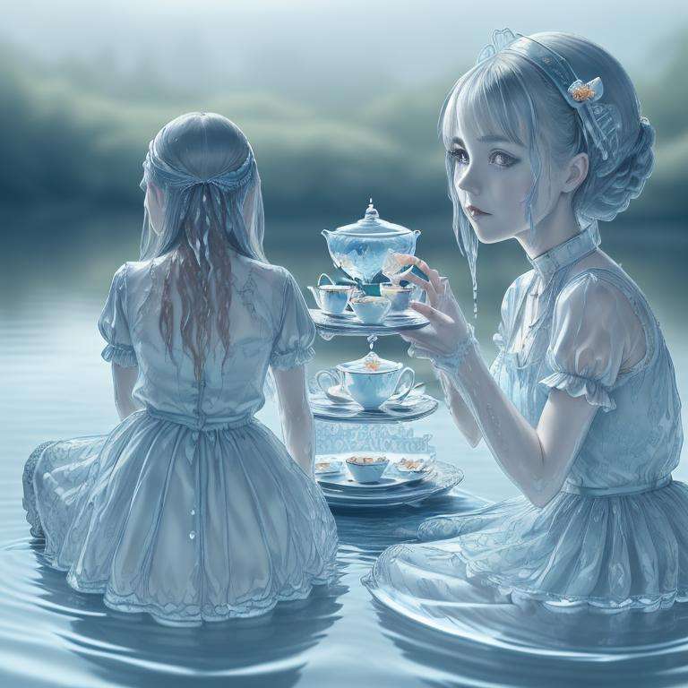 Alice at the tea party, [  vivid water:3], detailed, intricate <lyco:DonMw4ter:0.6>