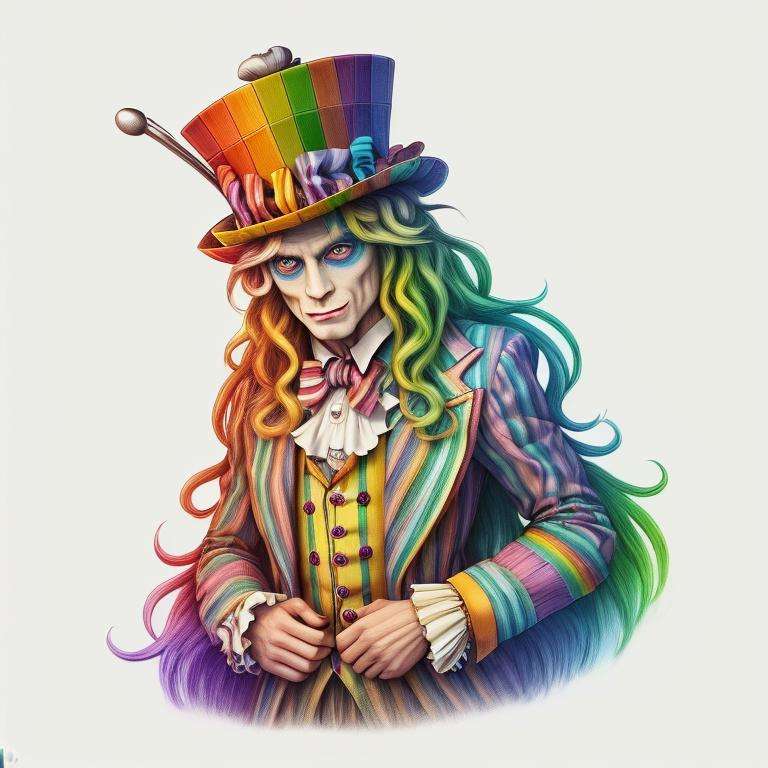 RainbowPencilRockAI mad hatter <lora:RainbowPencilRockAI:1>