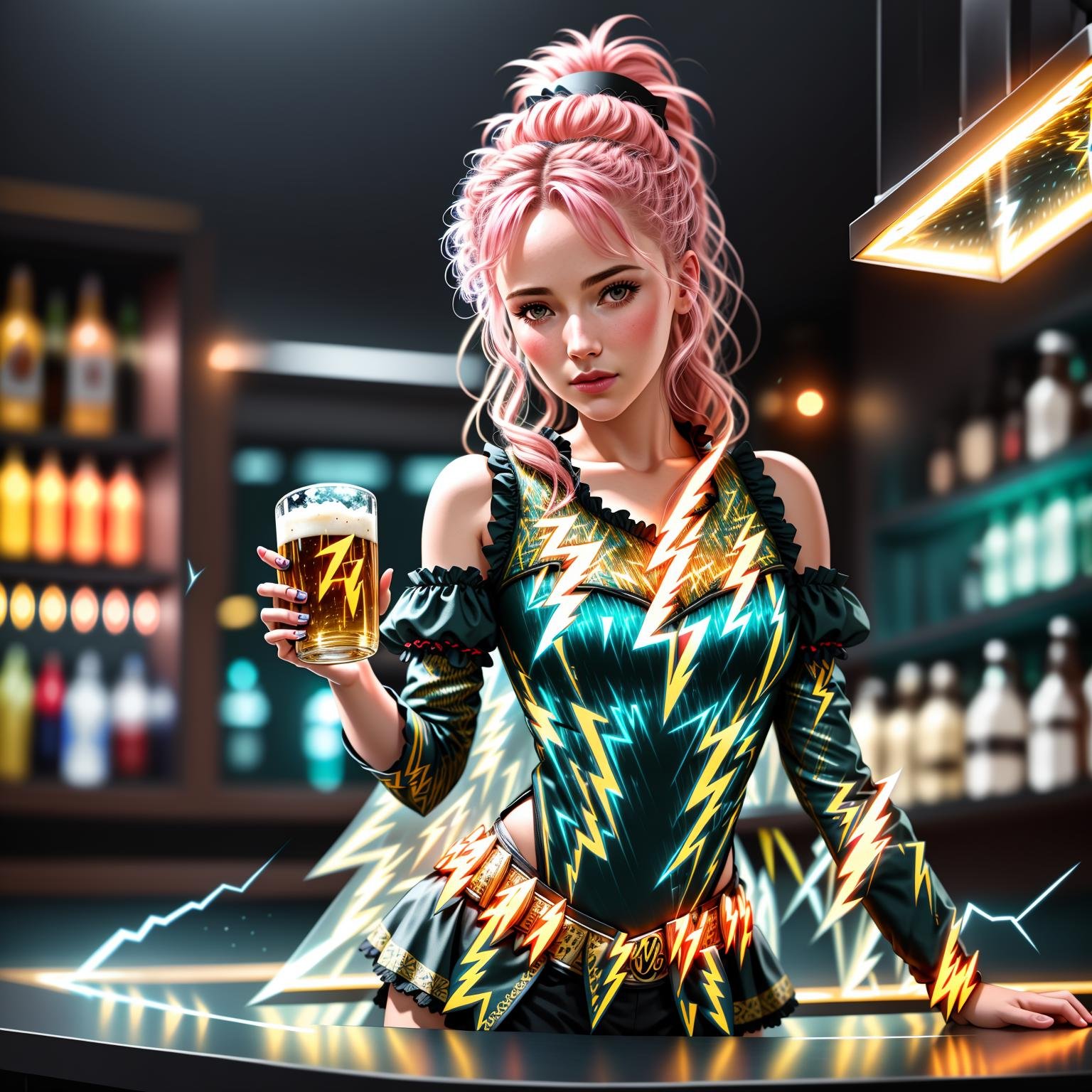 MaeAI,  portrait, flower in hair, standing at a bar, beer on counter, ultra realistic, octane render, 8k   BREAKwearing an fine detailed intricate LightningPunkAI dirndl,   <lora:LightningPunkAI-000009:1>