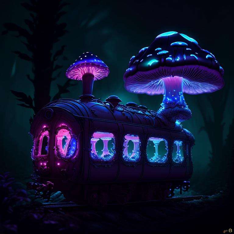 <lora:ShroomPunkAI:.6>ShroomPunkAI train, bioluminescence, night