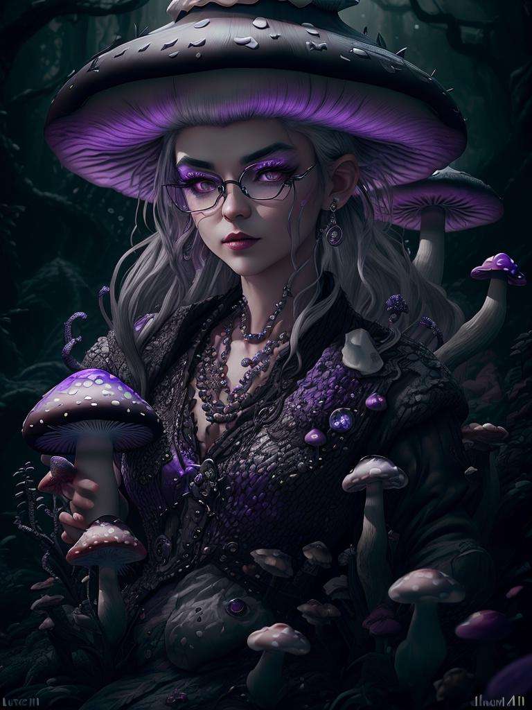 cute pale draconian maiai in full body pose, mix of dragon and girl, half dragon, silver ponytail with strands hair, (masterpiece), realistic, beautiful face, cinematic light, (beautiful purple cat eyes:1.3), perfect anatomy,dragon horns,night sky moonlight, starry background,fine detailed silver crescent glasses, pointy ears, cowboy shot, open mouth, (blackish ShroomPunkAI skin:1.3),black lips, black eye shadow,hyperdetailed painting, luminism, 4k resolution,Soft Lighting, Photographic Realism,3d rendering, octane rendering, <lora:ShroomPunkAI:1>