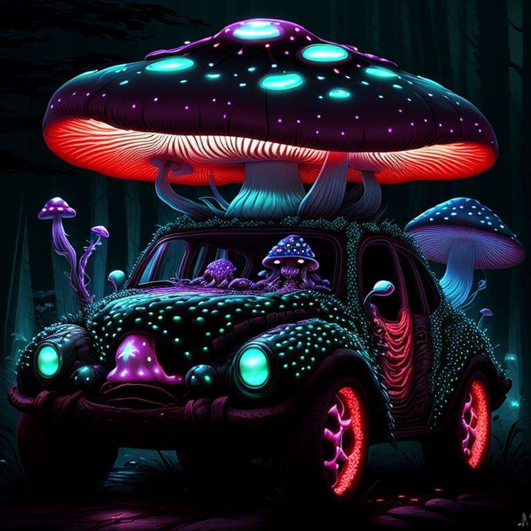 <lora:ShroomPunkAI:.6>ShroomPunkAI car, bioluminescence, night road