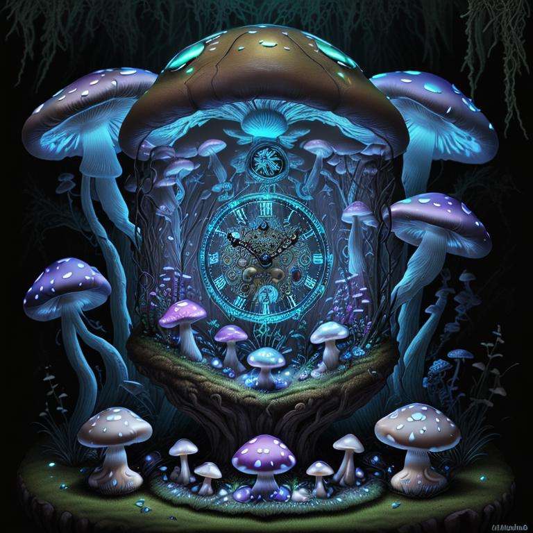 <lora:ShroomPunkAI:.7> ShroomPunkAI clock, bioluminescence, detailed, intricate