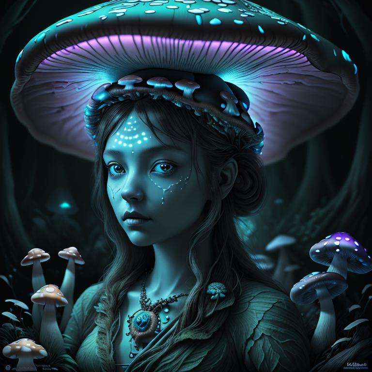 <lora:ShroomPunkAI:.7> ShroomPunkAI girl, bioluminescence, detailed, intricate,portrait