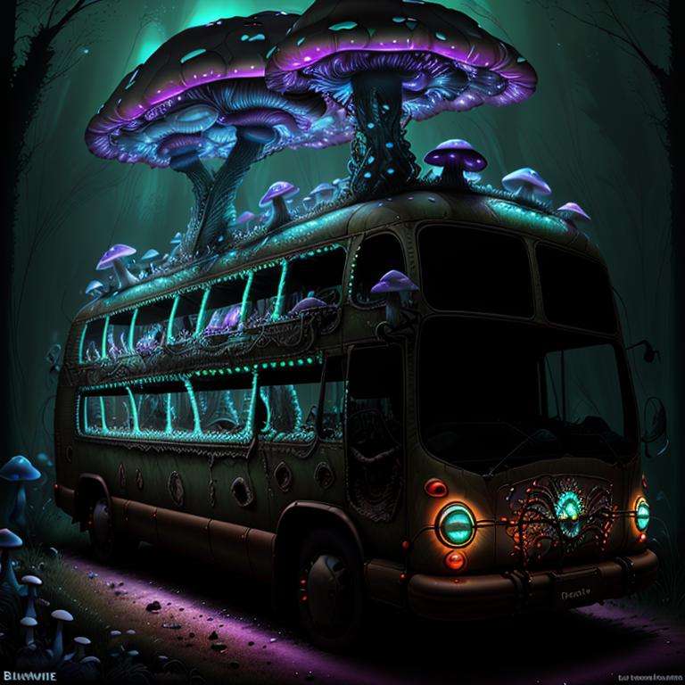 <lora:ShroomPunkAI:.7> ShroomPunkAI bus, bioluminescence