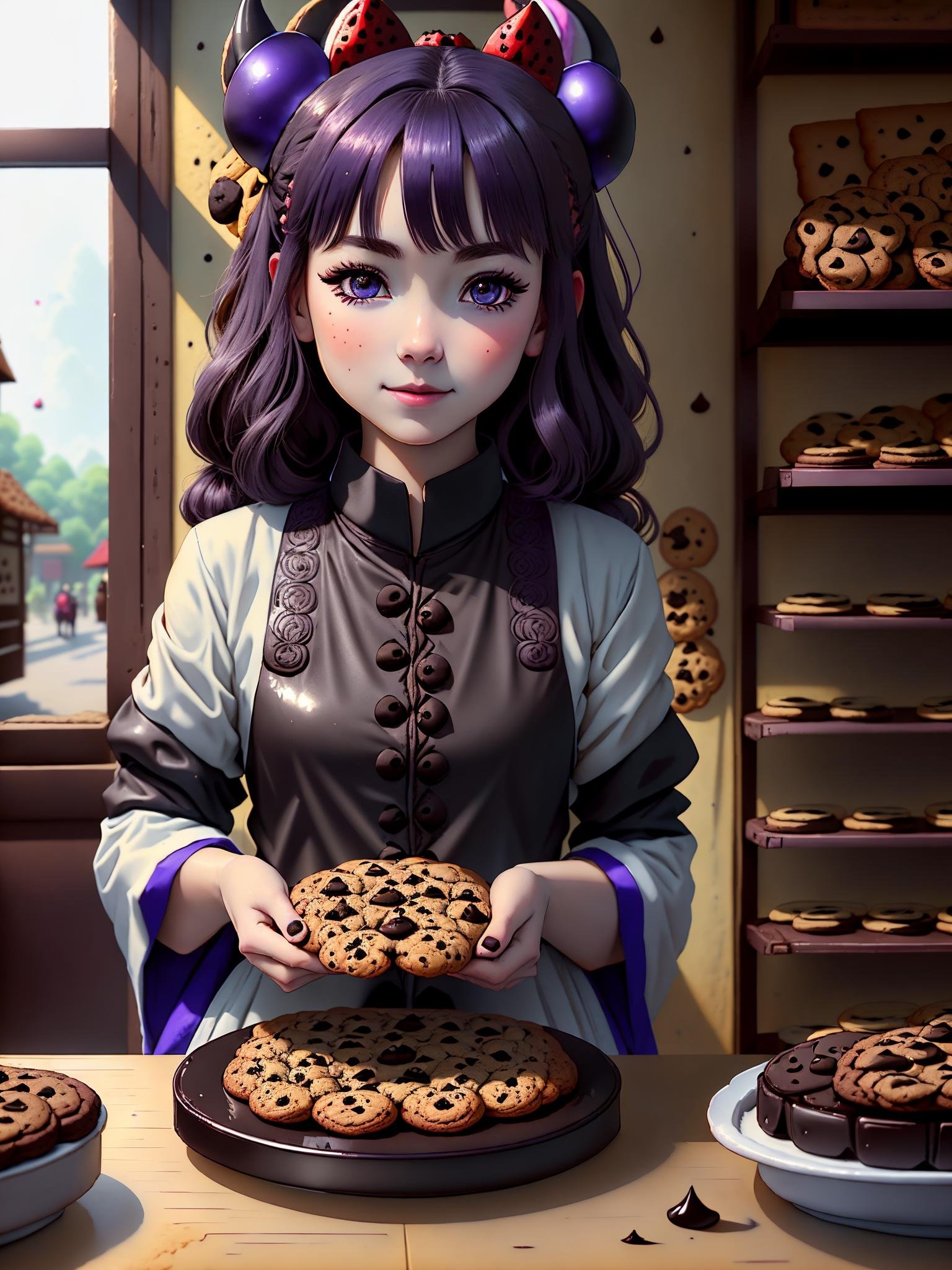 a medium shot photo of a draconian (MaeAI:.99) girl (serving a cookie:1.2) in a market stand, pointy ears, natural skin texture, (black dragon horns), (detailed, intricate black purple CookiePunkAI skin), [red | blue eyes], eyeshadow, [silver | purple hair], flirting with camera, digital art <lora:CookiePunkAI:1>