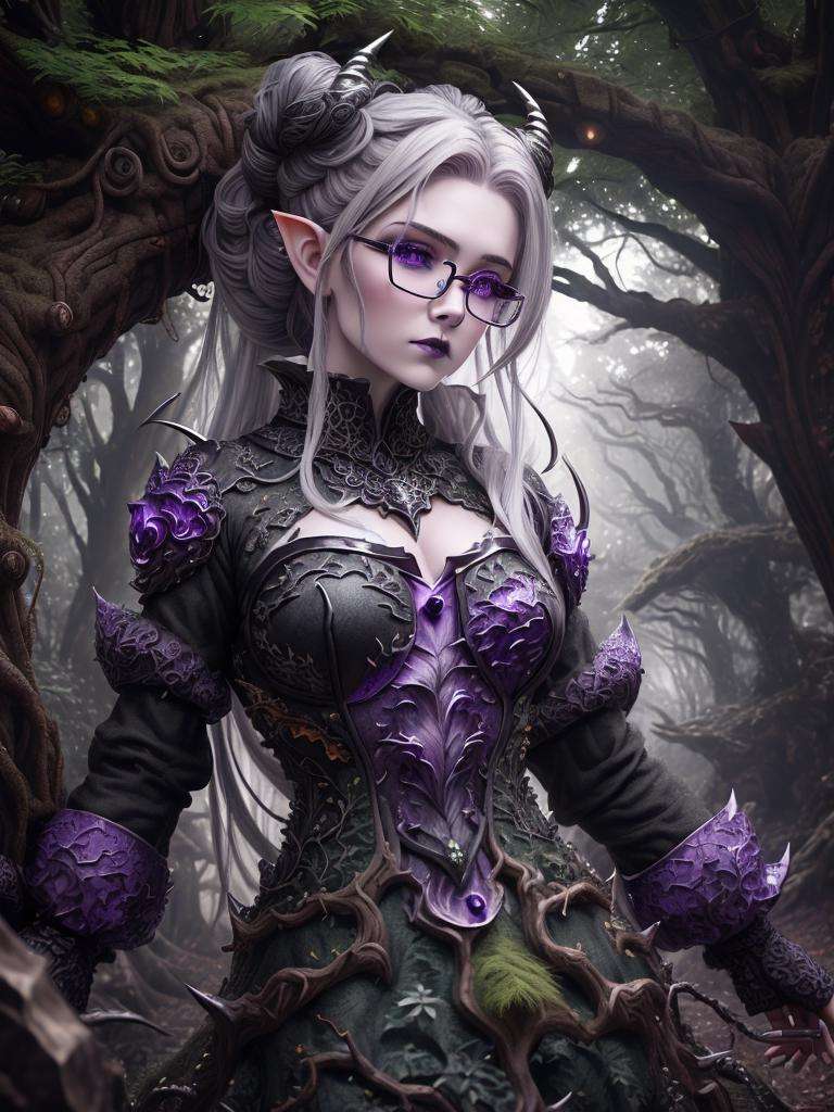 <lora:TreeAIv2:1>, ultra detailed abstract photography of a cute pale draconian TreeAIv2 girl in full body pose standing in a forest, mix of dragon and girl, half dragon, silver ponytail with strands hair, (masterpiece), realistic, beautiful face, cinematic light, (beautiful purple eyes:1.3), perfect anatomy,dragon horns,night sky moonlight, starry background,fine detailed silver crescent glasses, pointy ears, cowboy shot, medium breasts, (blackish TreeAIv2 skin:1.3),black lips, black eye shadow,