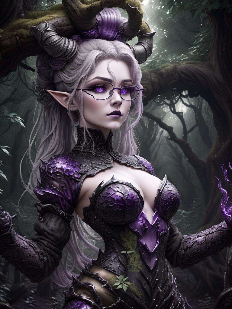 <lora:TreeAIv2:1>, ultra detailed abstract photography of a cute pale draconian TreeAIv2 girl in full body pose standing in a forest, mix of dragon and girl, half dragon, silver ponytail with strands hair, (masterpiece), realistic, beautiful face, cinematic light, (beautiful purple eyes:1.3), perfect anatomy,dragon horns,night sky moonlight, starry background,fine detailed silver crescent glasses, pointy ears, cowboy shot, medium breasts, (blackish TreeAIv2 skin:1.3),black lips, black eye shadow,