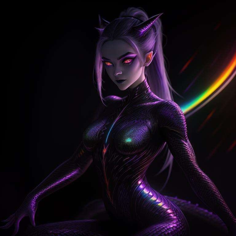 ultra detailed abstract photography of a cute pale draconian girl in full body pose, mix of dragon and girl, half dragon, silver ponytail with strands hair, (masterpiece), realistic, beautiful face, cinematic light, (beautiful purple cat eyes:1.3), perfect anatomy,dragon horns,night sky moonlight, starry background,fine detailed silver crescent glasses, pointy ears, cowboy shot, open mouth, medium breasts, (SpectrumAI scaly skin:1.3),black lips, black eye shadow,nice hands, perfect hands,bioluminescence,hyperdetailed painting, luminism, 4k resolution,Soft Lighting, Photographic Realism,3d rendering, octane rendering <lyco:SpectrumAI-000005:1.0>