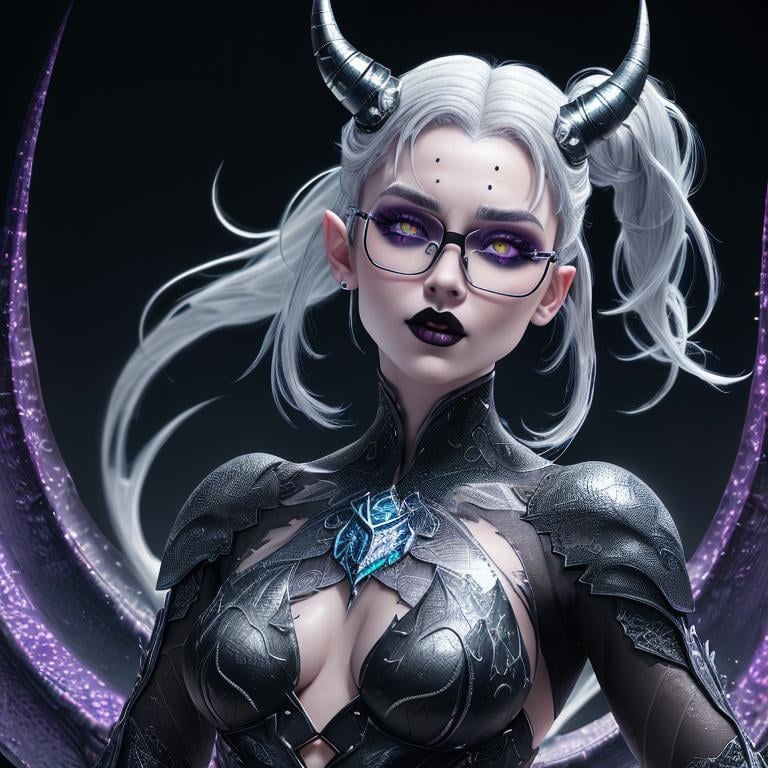 ultra detailed abstract photography of a cute pale draconian girl in full body pose, mix of dragon and girl, half dragon, silver ponytail with strands hair, (masterpiece), realistic, beautiful face, cinematic light, (beautiful purple cat eyes:1.0), perfect anatomy, dragon horns, in the art of LazrPopAI,night sky moonlight, starry background,fine detailed silver crescent glasses, pointy ears, cowboy shot, open mouth, medium breasts, (blackish LaceAI skin:1.3),black lips, black eye shadow,hyperdetailed painting, luminism, 4k resolution,Soft Lighting, Photographic Realism,3d rendering, octane rendering,  <lora:LaceAI:1>