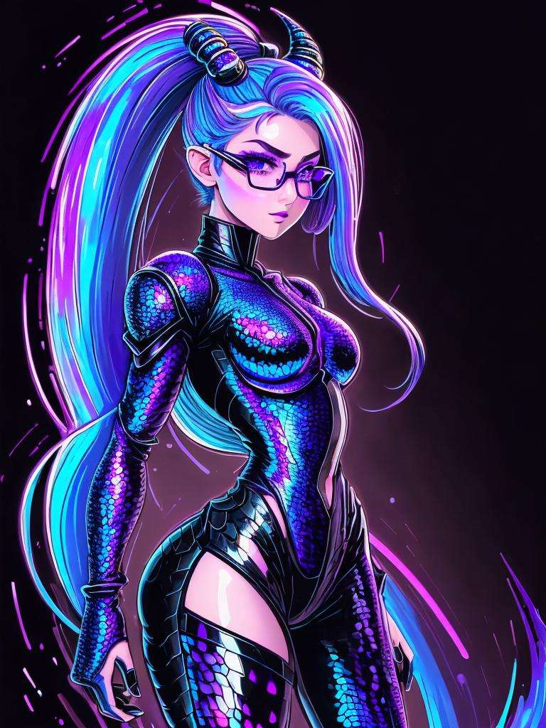 cute draconian LazrPopAI  girl in full body pose, mix of dragon and girl, half dragon, silver ponytail with strands hair, (masterpiece), beautiful face, cinematic light, (beautiful purple eyes:1.3), perfect anatomy,dragon horns,fine detailed silver crescent glasses, pointy ears, cowboy shot, medium breasts, (iridescent scaly skin:1.3),black lips, black eye shadow, <lora:LazrPopAI:1>