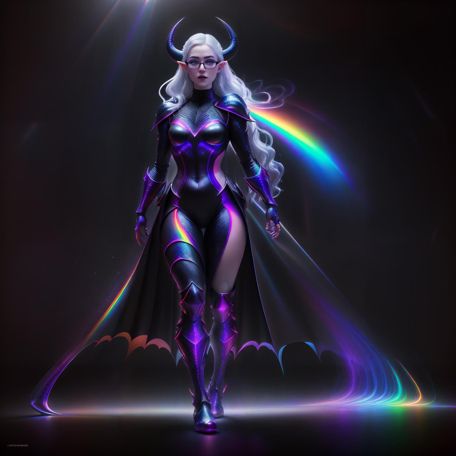 cute pale draconian MaiAI, (full body shot),(masterpiece), realistic, cinematic light, (beautiful purple eyes), perfect anatomy,dragon horns,fine detailed silver crescent glasses, pointy ears,  (blackish SpectrumAI scaly skin:1.3),black lips, black eye shadow,hyperdetailed painting, luminism, 4k resolution,Soft Lighting, Photographic Realism,3d rendering, octane rendering,<lyco:SpectrumAI-000014:1.0>