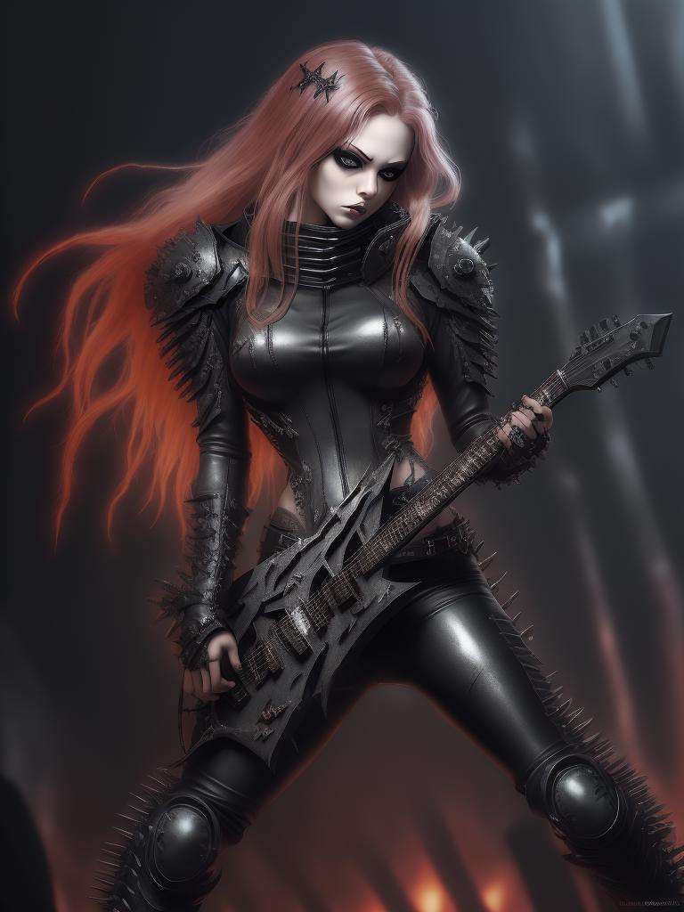 <lora:MetalAI:1>1female MetalAI MetalSinger holding MetalAI guitar in a MetalAI outfit, hyper realistic