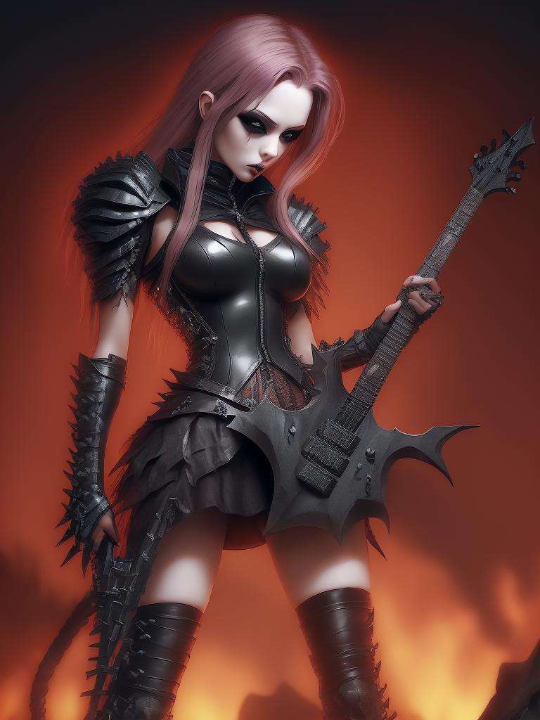 <lora:MetalAI:1>1female MetalAI MetalSinger holding MetalAI guitar in a MetalAI outfit, hyper realistic