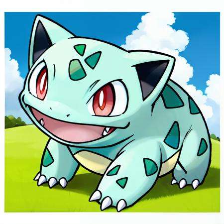sugimori ken \(style\), bulbasaur, solo, looking at viewer, smile, open mouth, red eyes, full body, :d, no humans, pokemon \(creature\), fangs, happy, claws, bright pupils, white pupils<lora:sugimori_ken_style-000060:0.5>