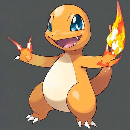 sugimori ken \(style\), charmander, solo, looking at viewer, smile, open mouth, blue eyes, simple background, standing, full body, no humans, pokemon \(creature\), fangs, happy, outstretched arms, fire, black background, claws, legs apart, flame-tipped tail<lora:sugimori_ken_style-000040:0.5>