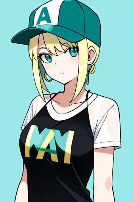 sugimori ken \(style\), masterpiece, best quality, 1girl, aqua eyes, baseball cap, blonde hair, closed mouth, earrings, green background, hat, hoop earrings, jewelry, looking at viewer, shirt, short hair, simple background, solo, upper body, yellow shirt   <lora:sugimori_ken_style-000060:0.5>