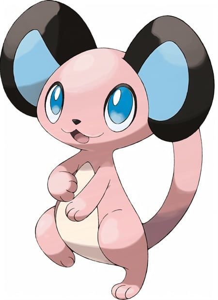 sugimori ken \(style\), psychic pokemon, mew, Pink, mammalian, with a wide snout and triangular ears. Large, blue eyes. Short arms with three-fingered paws. Large hind paws with oval markings. Long thin tail with an ovoid tip. Fur so fine it can only be seen under a microscope, white background ((masterpiece)) <lora:pokemon_v4_mix_inout:1>
