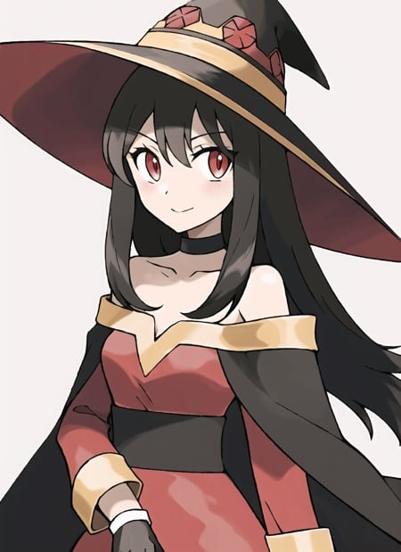 sugimori ken \(style\), megumin, 1girl, bare shoulders, black hair, black cape, black gloves, blush, cape, choker, collarbone, dress, hair between eyes, hat, long sleeves, looking at viewer, medium hair, off-shoulder dress, off shoulder, red dress, red eyes, sidelocks, solo, witch hat, indoors, ((masterpiece)) <lora:pokemon_v4_mix_outin:1>