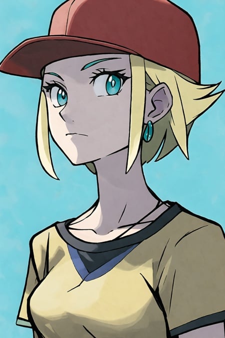 sugimori style, masterpiece, best quality, 1girl, aqua eyes, baseball cap, blonde hair, closed mouth, earrings, green background, hat, hoop earrings, jewelry, looking at viewer, shirt, short hair, simple background, solo, upper body, yellow shirt  <lora:pokemon_v4_mix_outin:1>