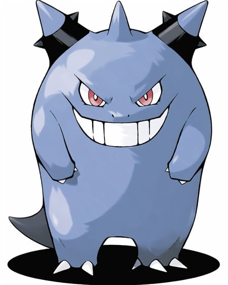 sugimori ken \(style\), ghost and ground type pokemon \(creature\), gengar marowak, Dark purple, roundish body, red eyes, sinister grin, pointed ears, numerous and smaller spikes on head and back, short arms and legs, three digits on hands and feet, stubby tail, skull, white background <lora:pokemon_v4_mix_inout:1>