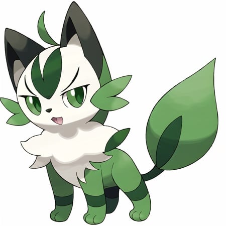 <lora:pokemon_v4_mix_outin:1>  grass type pokemon, sprigatito, Quadrupedal feline Pokémon with pale green fur, green ears, a tuft of fur on its chest, and a green marking around its eyes and nose resembling leaves. Two pointed teeth visible in upper jaw. Has a fluffy tail and small paws, white background, ((masterpiece))