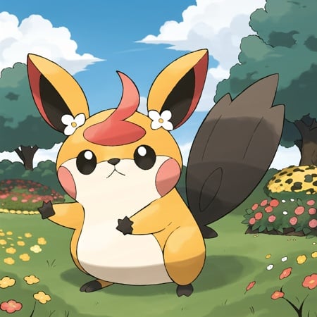 <lora:pokemon_v4_mix_outin:1>sugimori ken, electric pokemon, Yellow chubby rodent Pokémon with brown stripes on its back, long pointed ears with black tips, red cheeks, and a fluffy tail, (masterpiece), outdoors, grass, detailed, flowers