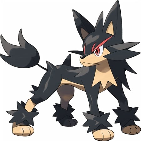 <lora:pokemon_v4_mix_outin:1>steel pokemon, (lucario:0.5) (arcanine:0.5), Quadrupedal, blue and black fur, red eyes, cream torso, shorts-like thighs, spike on forepaws, 4 black appendages on head, white background, ((masterpiece))