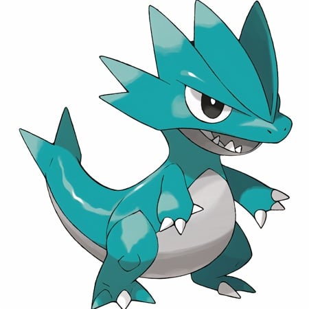 <lora:pokemon_v4_mix_outin:1> dragon pokemon, bagon, Bipedal, blue, reptilian Pokémon with a large, round snout, triangular eyes, yellow, circular ears, and two teeth. Three thick, gray ridges cover the top of its head and short legs with two toes, white background, (masterpiece)