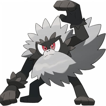 <lora:pokemon_v4_mix_outin:1> fighting and ghost pokemon, annihilape, Simian creature with shaggy grey fur and thick black legs, red eyes, dark grey skin, broken metal shackle on left arm, white background, ((masterpiece))