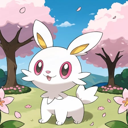 <lora:pokemon_v4_mix_outin:1>electric and fairy type pokemon, (sprigatito:0.8) (pachirisu:0.6), Quadrupedal rabbit Pokémon with white fur, yellow ears, a tuft of fur on its chest, and a black  eyes and nose, cherry blossoms. Two pointed teeth visible in upper jaw. Has a fluffy tail and small paws,((masterpiece)), outdoors, grass, detailed, best quality, small flowers