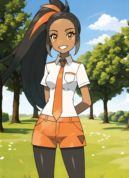 sugimori ken \(style\), 1girl, black hair, breasts, dark-skinned female, dark skin, freckles, grin, long hair, naranja academy school uniform, necktie, nemona \(pokemon\), orange eyes, orange necktie, orange shorts, black pantyhose, shorts, ponytail, white shirt, shirt, outdoors, grass, trees, small breasts, smile, solo, nintendo, official art,  ((masterpiece)) <lora:pokemon_v4_mix_outin:1>