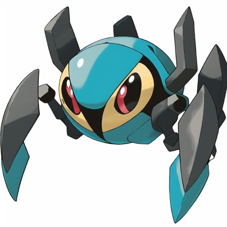 <lora:pokemon_v4_mix_outin:1> steel and electric pokemon,  Massive, turquoise robotic arachnid with a cross on its face, red eyes, and ball-and-socket legs with short claws. Can float, white background, (masterpiece),