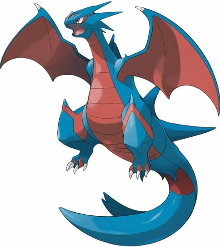 dragon and flying pokemon, salamence, black  draconic Pokémon with red  eyes and with red markings on its throat. It has raised red ridges above its eyes, pointed teeth, and large, red wings, a blue flame at the tip of its tail, blue flames emitting from its mouth, white background, ((masterpiece)) <lora:pokemon_v4_mix_inout:1>